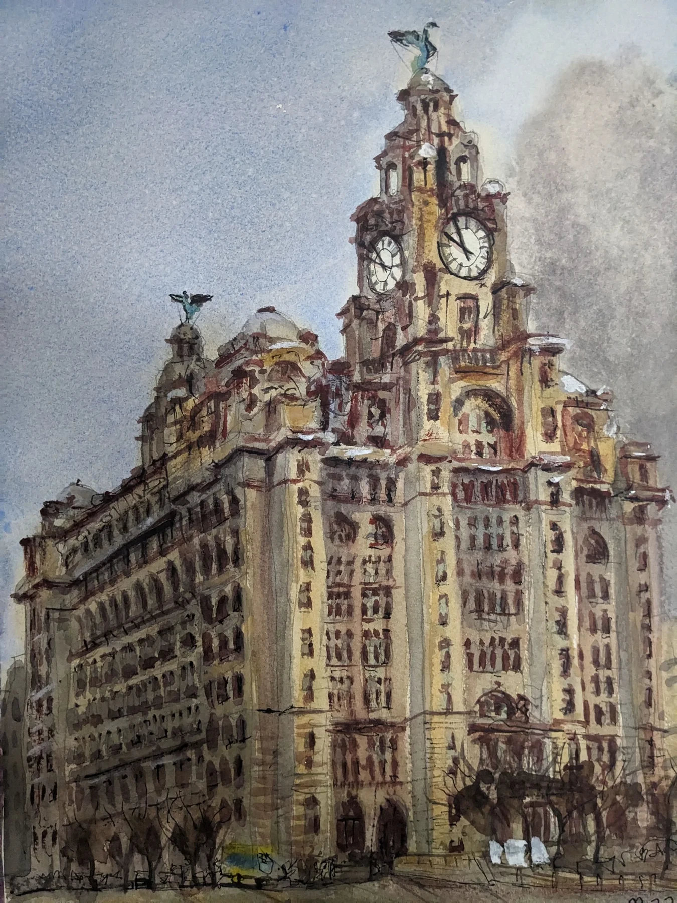 Ink and watercolour: The Royal Liver Building and its clock towers rise beneath a pale blue sky.