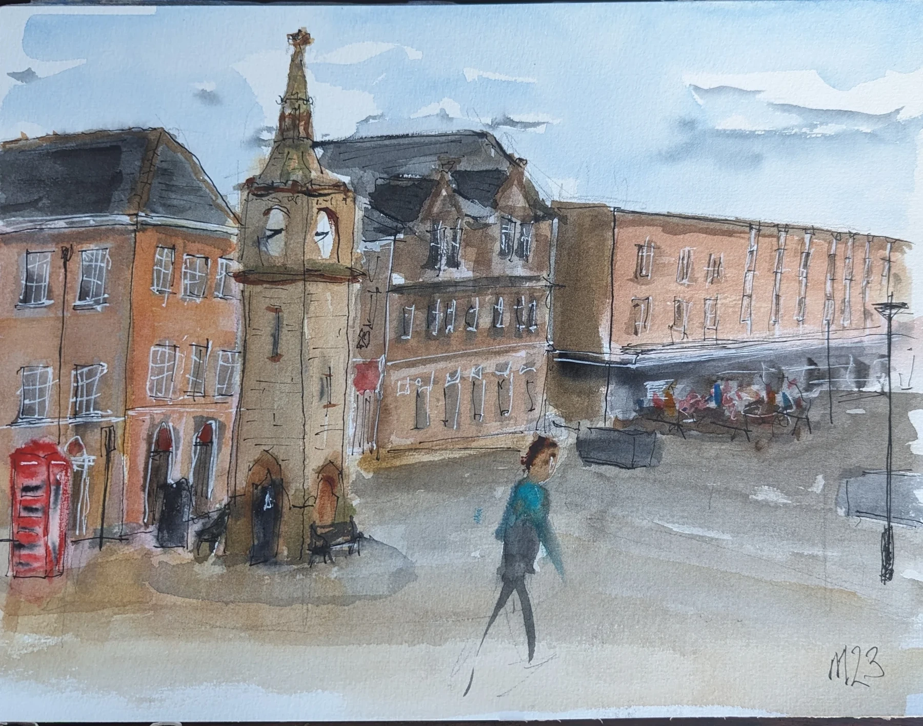 Ink and watercolour: Ormskirk Clock Tower stands above the paved town-centre crossroads.